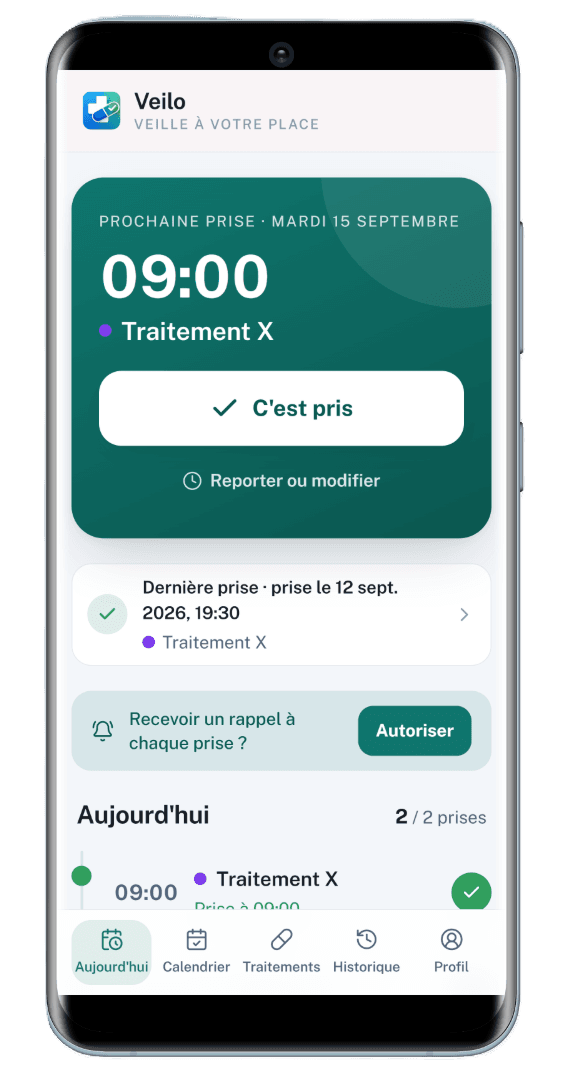 Veilo, application mobile de suivi des traitements — aperçu